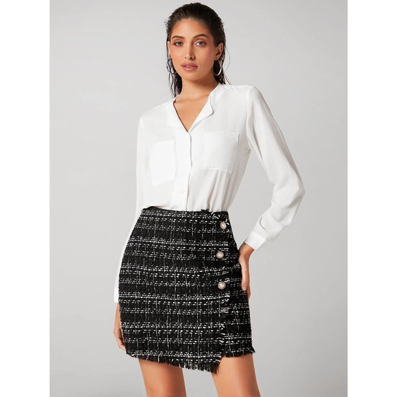 High Waist Plaid Pattern Raw Trim Single Breasted Tweed mini Skirt black white - Picture 5 of 6